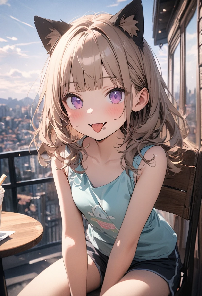 ((Masterpiece)), ((best quality)), ((wide shot)), profile, (super detail:1.2), (High Definition:1.3), ((extremely detailed)), (8K), (Professional Photography:1.2), (very aesthetic:1.2), (absurdres:1.2), (sharp focus), (perfect light), ((kawaii)), (drop shadow), ((1girl)),(()), (1girl), cute girl, naughty smile, (:d), (Beautiful deep purple eyes:1.2), (Healthy skin), Embroidered cute tanktop, small breast, slender waist, (loose blunt bangs), Beautiful Silky hair, (medium hair), ((beautiful pale brown hair)), shortpants, BREAK, 🌈, place hand on head, (cute cheeks), glossy lips, pouty lips, bags under the eyes, (lower eyelashes), (loose sitting on chair), on the café terrace, (the Midsummer Cafe Terrace), Beautiful cityscape Background, Large Cumulonimbus Clouds, pastel colors clouds, (detailed background:1.2), newest,clear line,