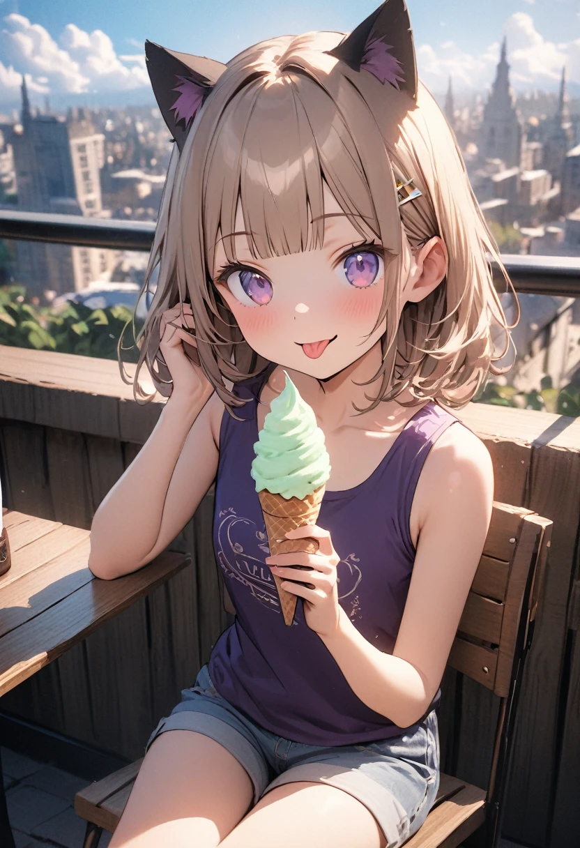 ((Masterpiece)), ((best quality)), ((kawaii)), ((extremely detailed)), (sketch:0.3), (RAW photo:1.2), (8K), (High Definition:1.3), (Professional Photography:1.2), cinematic lighting, (very aesthetic:1.2), (absurdres:1.2), (sharp focus), (perfect light), ((1girl)),(()), cute young girl, (naughty smile), ((sticking out tongue)), (Beautiful deep purple eyes:1.2), (put on cat ears), girl, (Embroidered cute tanktop), small breast, Healthy skin, (Healthy slim body), (Healthy and toned body), shortpants, pudgy cheeks, BREAK, ((best quality)), (very aesthetic:1.2), (absurdres:1.2), ((extremely detailed)), (loose blunt bangs), ((Beautiful Silky hair)), medium hair, ((beautiful pale brown hair)), 🌈, ((Eating vanilla ice cream)), loose sitting on chair, ice cream on the café terrace, (the Midsummer Cafe Terrace), Beautiful cityscape Background, Large Cumulonimbus Clouds, pastel colors clouds, kawaii, cute colors,