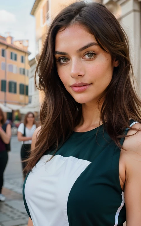 beautiful cute brunette, wearing sports outfit, whole body, perfect angle, very detailed, 25 years, flirty face, long messy hair, green eyes, high resolution, masterpiece, best quality, intricate details, sharp focus, detailed skin, realistic skin texture, texture, detailed eyes, professional, 4k, smile, shot on Canon, 85mm, shallow depth of field, kodak vision color, eye shadow, extremely detailed, photo_ (ultra ), photorealistic, realistic, post-processing, maximum detail, roughness, real life, ultra realistic, photorealism, photography, 8k uhd, photography, braless, pokies. Pictures of her at the in rome,