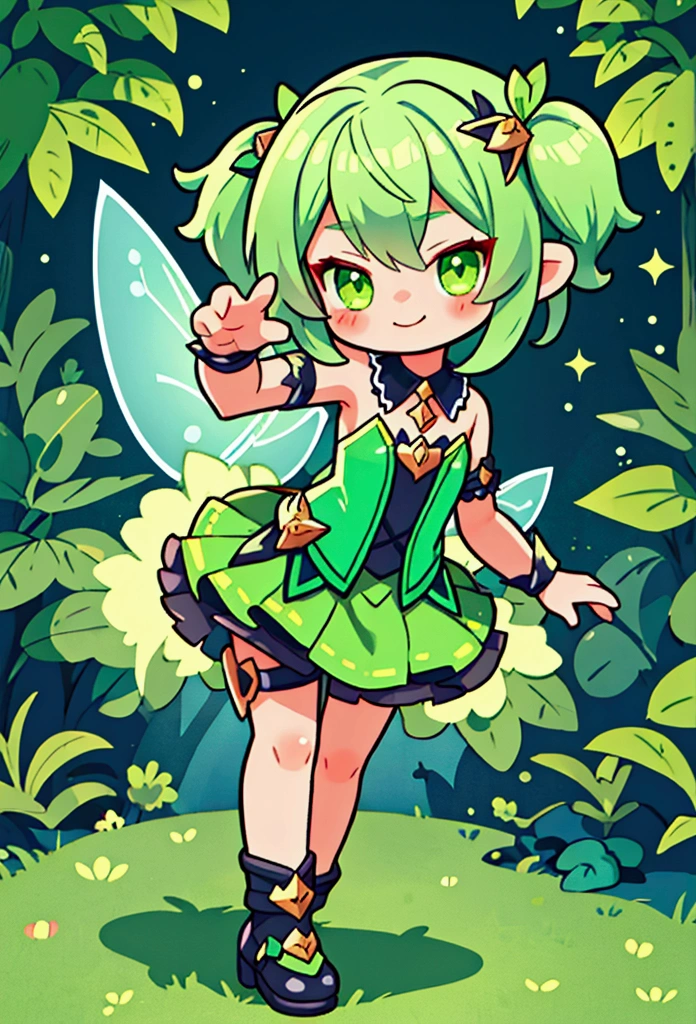 fairy girl, shady, green fairy, smol, cute, kawaii, The word yes, smirking, cocky, emote, character portrait, victory pose
