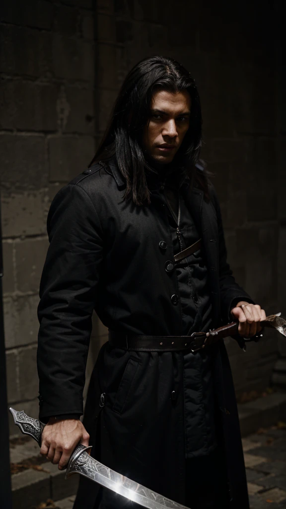 Black coat Assasin. His right hand holding a sword. Ready to fight