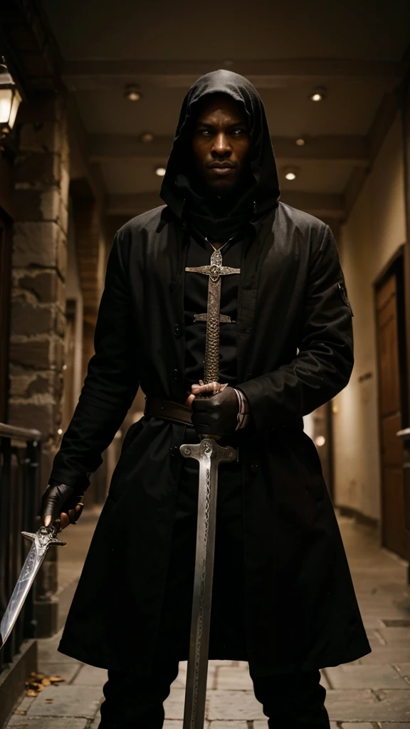 Black coat Assasin. His right hand holding a sword. Ready to fight
