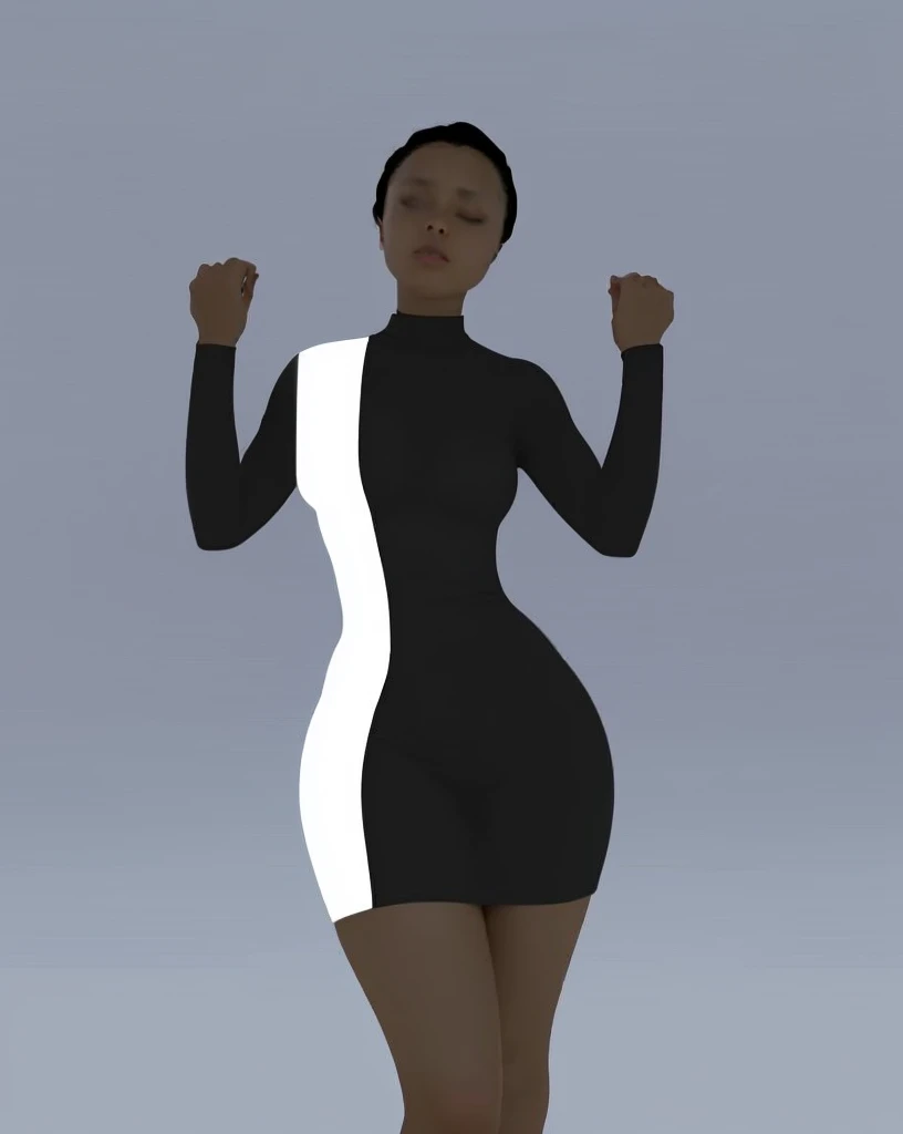 Blank studio background, (Beautiful teen girl, Yara Shahidi, KIKI Layne, Kylie Jenner, Maitreyi Ramakrishnan, young Jessica Alba), Wearing tight white and black cotton-Lycra-fabric long sleeve mini dress, round breasts, slim waist, big hips, beautiful soft thighs, (HDR, 8K, perfect lighting, vivid, vibrant, detailed: 1.4), (hyper realistic, movie graphics)