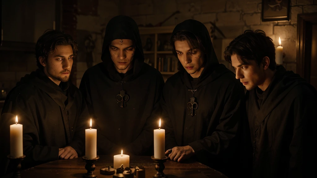 Three men in their 20s, with blood and skull candles, people in dark robes