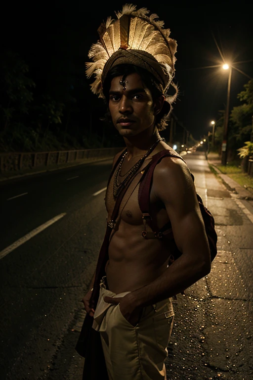 Indian god of wanderers in traditional clothes in the middle of a dark and scary road along with his thousands of faithful