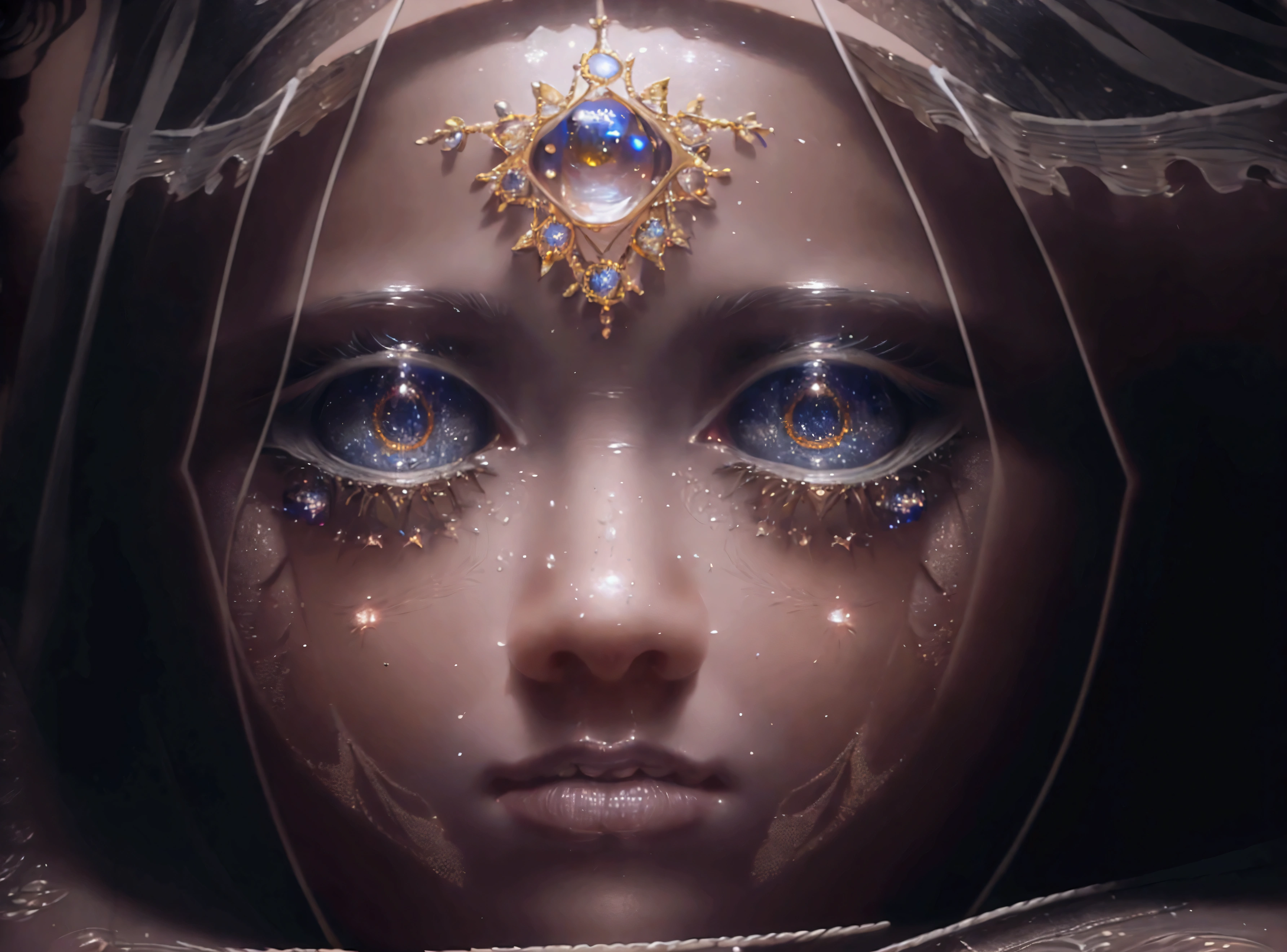 girl with a worried look, looking at the heavenly reflection, beautiful detailed eyes, beautiful detailed lips, extremely detailed face and facial features, long eyelashes, middle: oil painting, intricate celestial pattern, dramatic lighting, moody atmosphere, (Best quality,4K,8 K,a high resolution,masterpiece:1.2),ultra detailed,(realistic,photorealistic,photo-realistic:1.37),cinematic composition, dramatic lighting светотеней, bright colors, glowing celestial elements