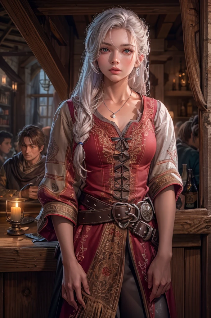 1girl, a highly detailed, photorealistic 8K image of a beautiful young woman with long, curvy, messy silver hair and ruby color eyes, set in a fantasy old and small tavern, red and white peasant tunic, high leather boots, (dawning light), pink hue cheek, (gentle expression), award winning, high resolution, ((set in medieval))