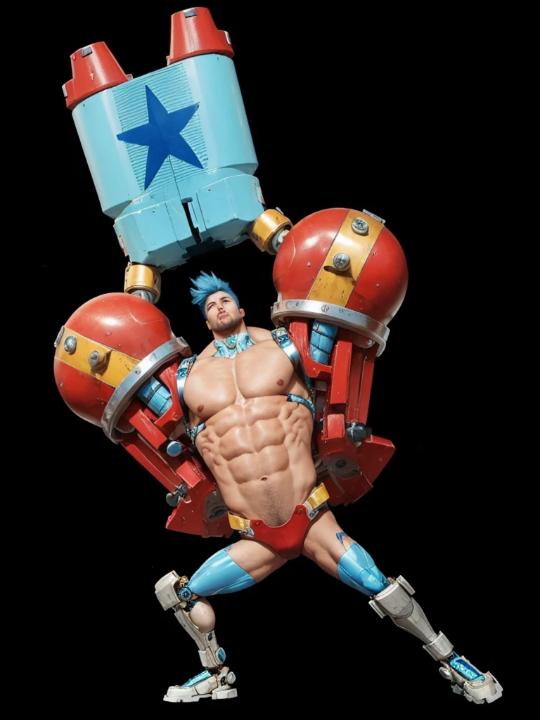 a strong man, defined body, blue hair, with mechanical arms.