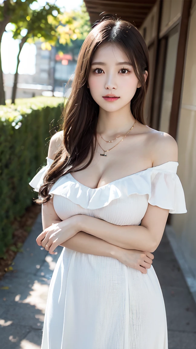 body、Full body Esbian、Pick up lost and found items、Very small waist、(very big breasts:1.3)、ponytail、plump thighs、natural skin、Extra-fine face、 extra thin hands, Very thin fingers, Best ratio、surreal, ((cute dress、Exposing too much skin、off shoulder、The length is short and the thighs are visible))、cheeks turn red、body covered in 、Cross Necklace、((18 year old female:1.ung adorable japanese face, official art,Highly detailed CG Unity 8K wallpaper,(masterpiece:1.0),(highest quality:1.0), 超A high resolution,4k,Super detailed, photo shoot, 8K, nffsw, High resolution, kodak portrait 400, film grain, lens flare glow,高いest quality,8K,nffsw:1.2),portrait shot,8K、View viewer