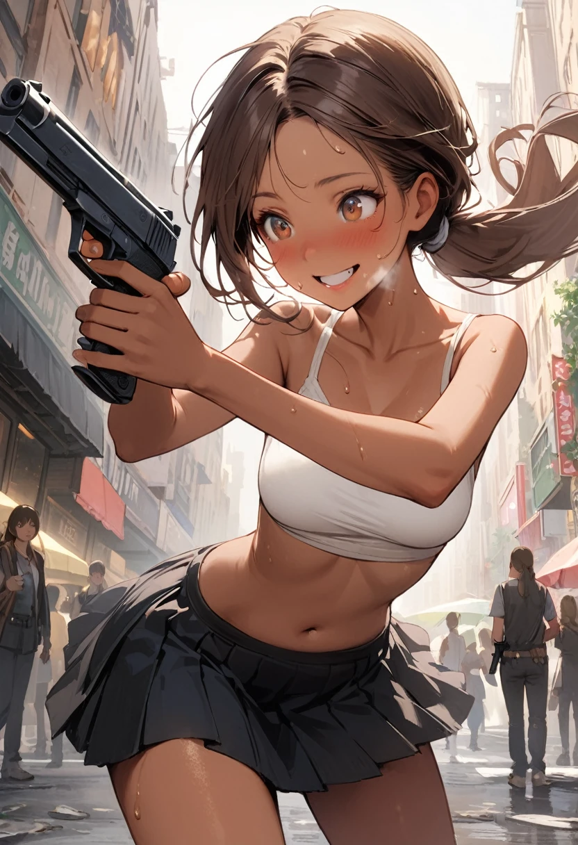 Dynamic gun action scenes、Woman shooting down zombieasterpiece,Highest quality:1.3,best quality illustration)),(realistic),cowboy shot,独奏,1woman,25 year old beauty,brown hair,(low ponytail hair),long hair,bangs,brown eyes,(gorgeous big eyes),((very small head:1.3)),A strong smile、Heavy breathing,((very long body:1.2,skinny)),((tan skin:1.4)),medium breasts,White tube top shirt、navel,Black pleated mini skirt,((Holding a handgun in your hand)),gleaming skin,slender body,sweat,standing,on street,New York City、Resident Evil World、