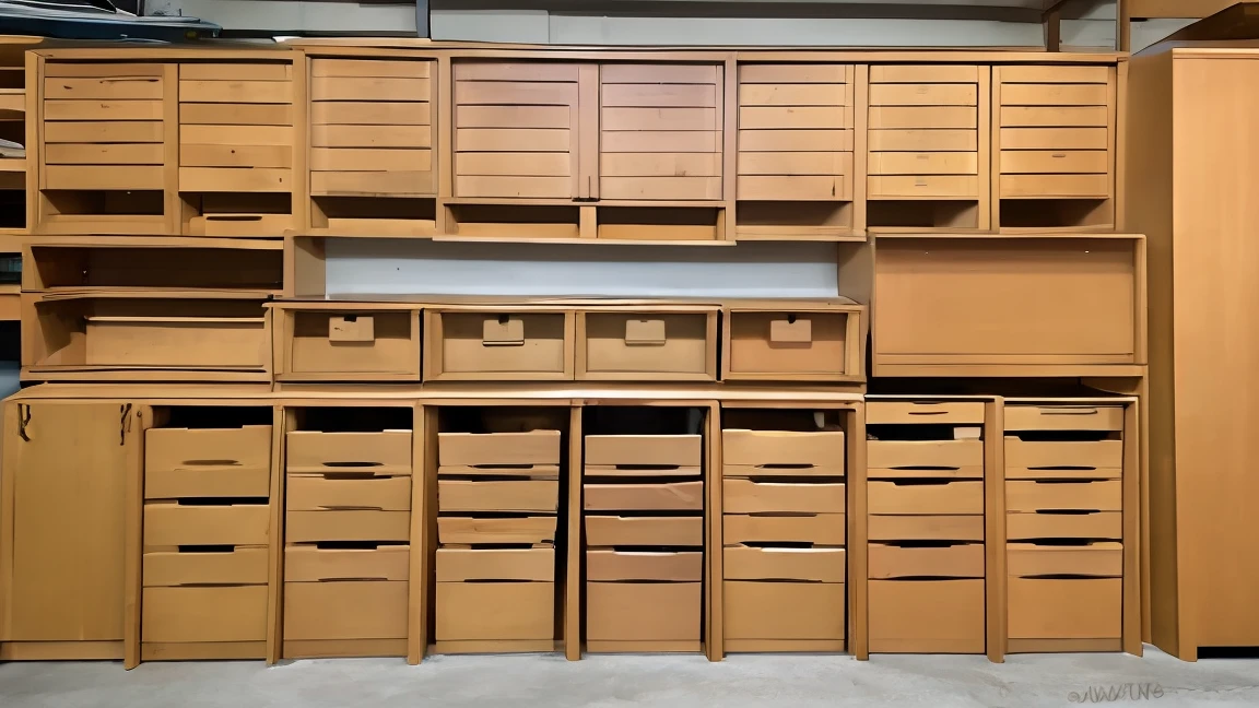 Cartoon style, several rows of cabinets and drawers