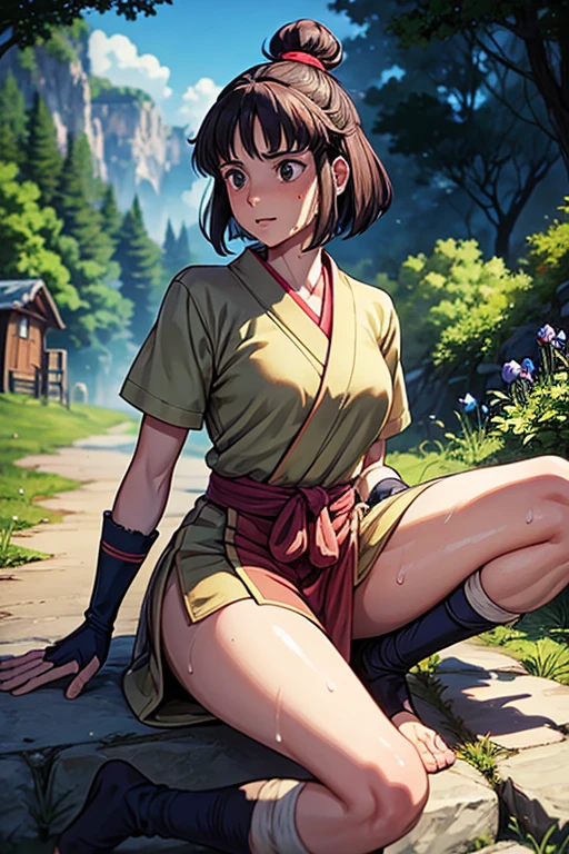 masterpiece, Highest quality, Unreal Engine, Super Resolution, Very detailed,
One Girl, So, Kaya from Princess Mononoke, Topknot, Bobcut, iris, ((Blue Japanese clothing,short_sleeve)), Fingerless long gloves, feet_warm,barefeet, Physical Beauty, (Muscular:0.8), bold, Observe the audience,
In a sexy pose,
The World of Princess Mononoke, The village where Ashitaka lived, Key Visual,
((Sticky with sweat)),