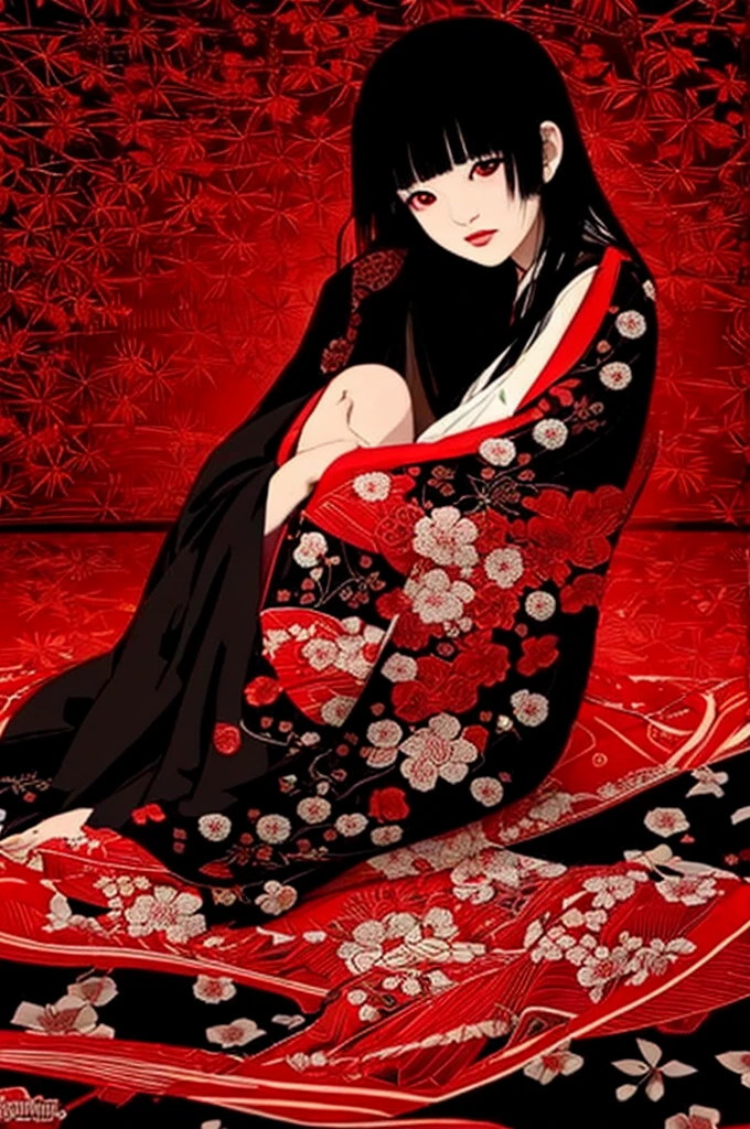 Dark night fog、Dark night fog、Dark night fog、Highest quality,A beautiful Japanese girl in a very elaborate red kimono、Skeleton hugging,spread your legs and show your vagina、(((((Red background))))