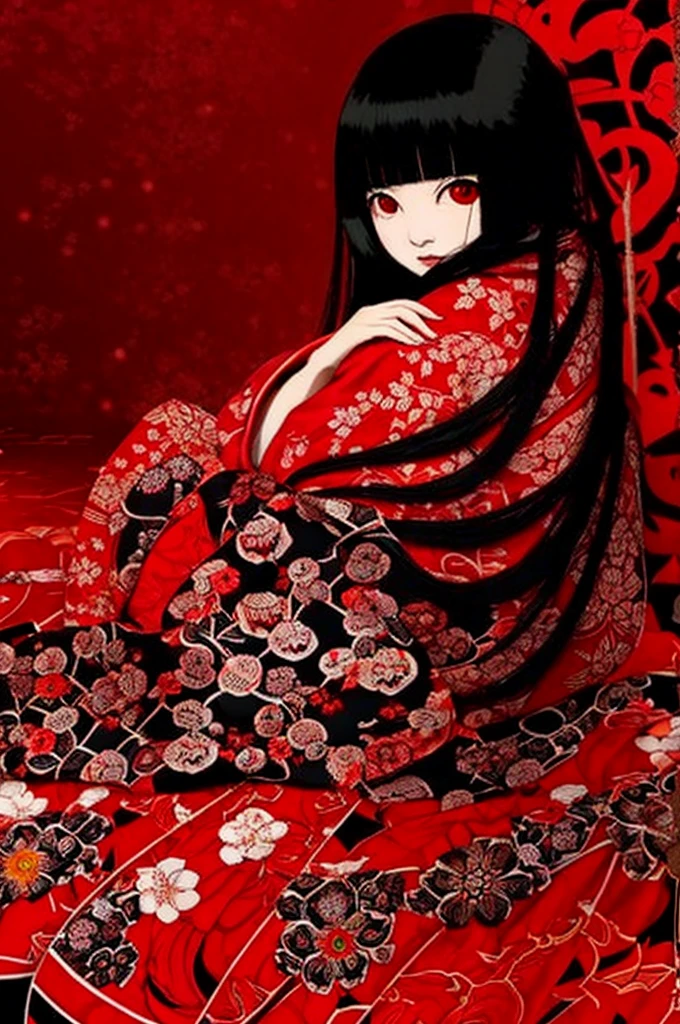 Dark night fog、Dark night fog、Dark night fog、Highest quality,A beautiful Japanese girl in a very elaborate red kimono、Skeleton hugging,spread your legs and show your vagina、(((((Red background))))