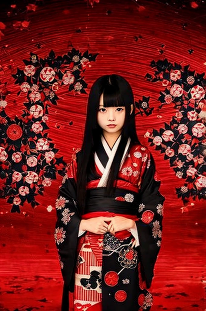 Dark night fog、Dark night fog、Dark night fog、Highest quality,A beautiful Japanese girl in a very elaborate red kimono、Skeleton hugging,spread your legs and show your vagina、(((((Red background))))