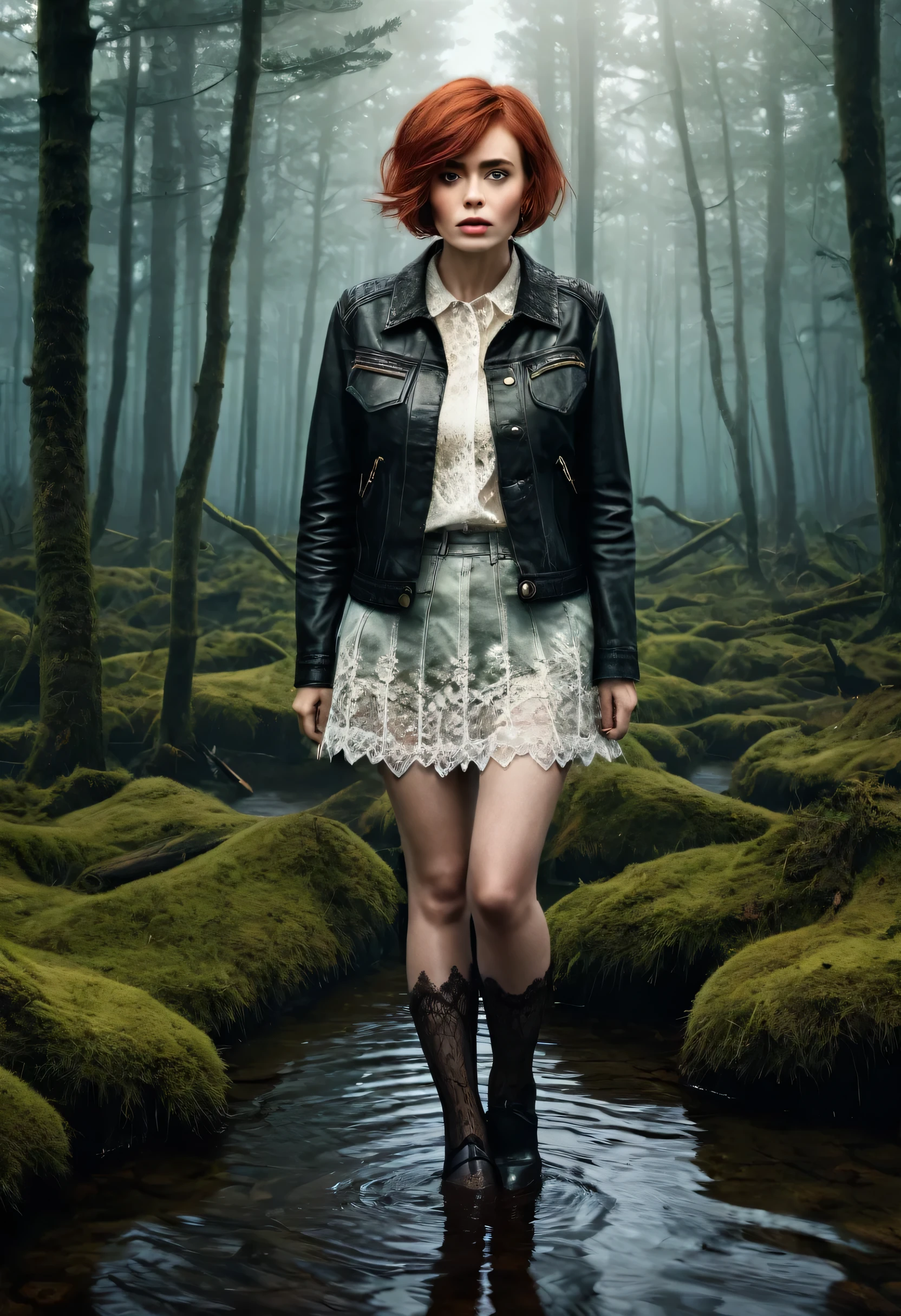 (magazine cover,  Attention-grabbing, heading, stylish, font, memorable, heading, big, Sensation), Hyper-realistic, ultradetailed, tmasterpiece. (Gloomy Forest:1.2), An old woman, standingn, (drowning in a bog:1.3). jeans skirt, (lace stockings:1.2), leather jacket, (Pronounced wrinkles:1.3), blouse, pixie cut, short coppery red hair, gloomy ecstasy, reveling in their shame