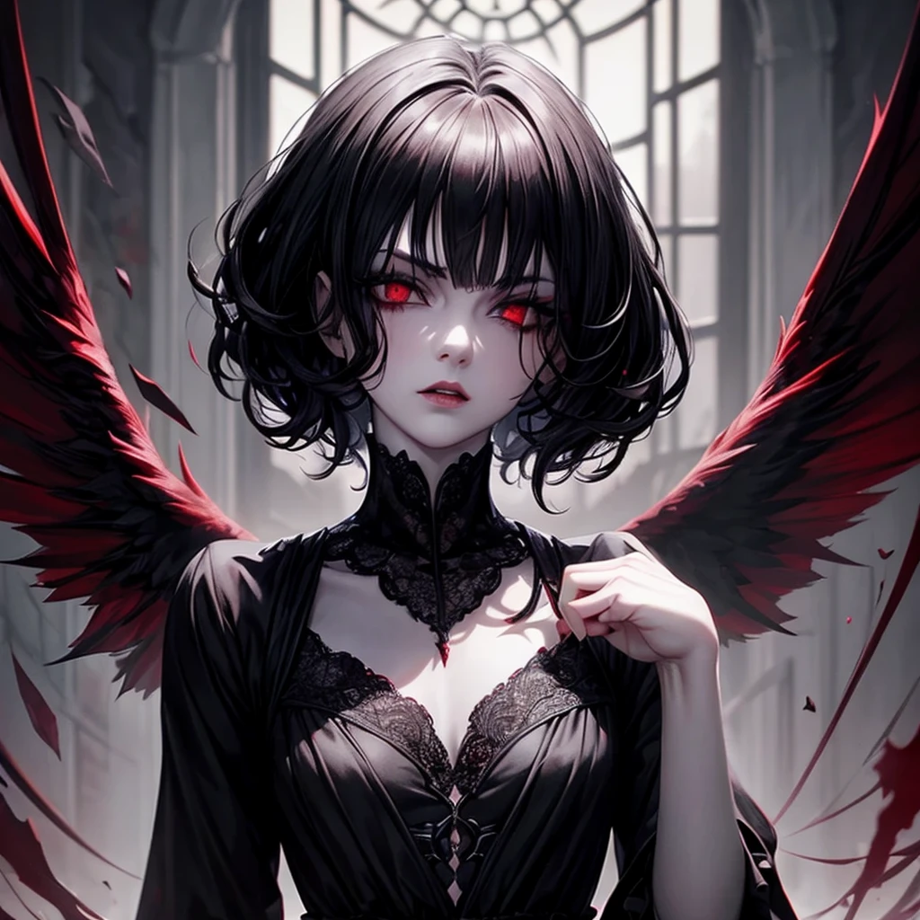 a goth prettyboy, blood red eyes, black hair over one eye, extremely detailed eyes and face, beautiful detailed eyes, beautiful detailed lips, long eyelashes, pale skin, black and red clothes, dark fantasy, chiaroscuro lighting, moody atmosphere, cinematic, dramatic, high contrast, gothic, femboy, short hair, flat chest