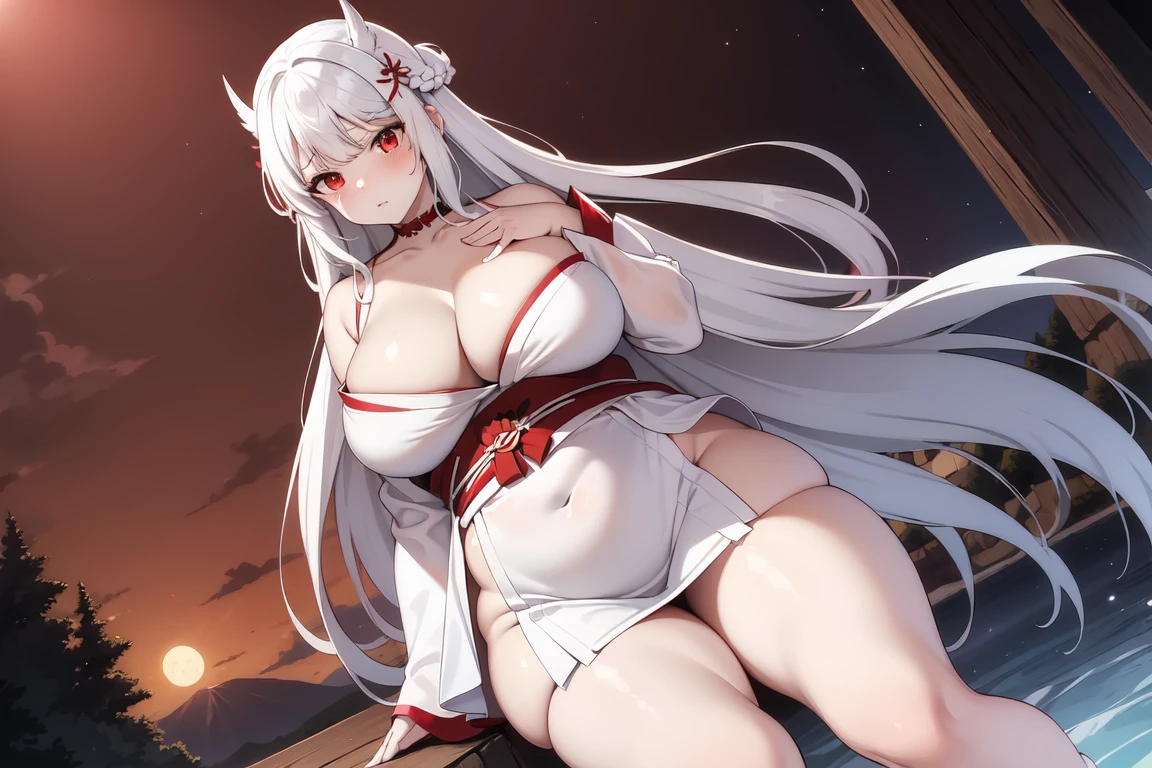 1girl, white hairs, red eyes, skimpy white-red kimono, long hair, massive breasts, mature, lake, night, cleavage, Oni, armored skirt