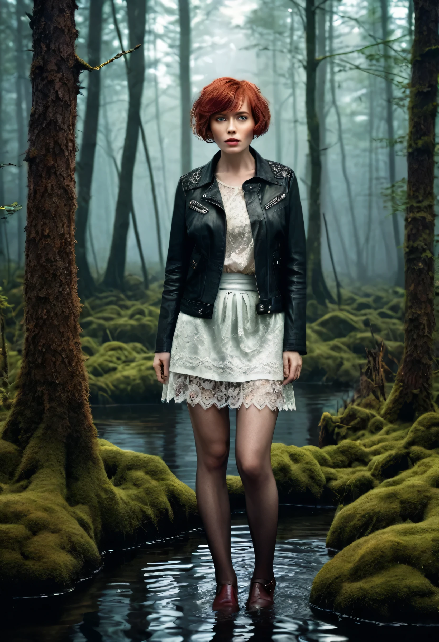 (magazine cover, Attention-grabbing, heading, stylish, font, memorable, heading, big, Sensation), Hyper-realistic, ultradetailed, tmasterpiece. (Gloomy Forest:1.2), An old woman, standingn, (drowning in a bog:1.3). jeans skirt, (lace stockings:1.2), leather jacket, (Pronounced wrinkles:1.3), blouse, pixie cut, short coppery red hair, gloomy ecstasy, reveling in their shame
