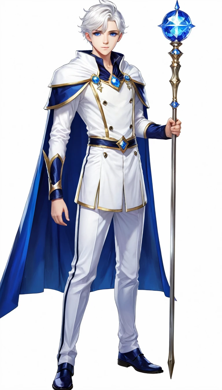 Magical boy, white hair, blue eye, blue and white pant, white top, full body, Cape, Scepter.