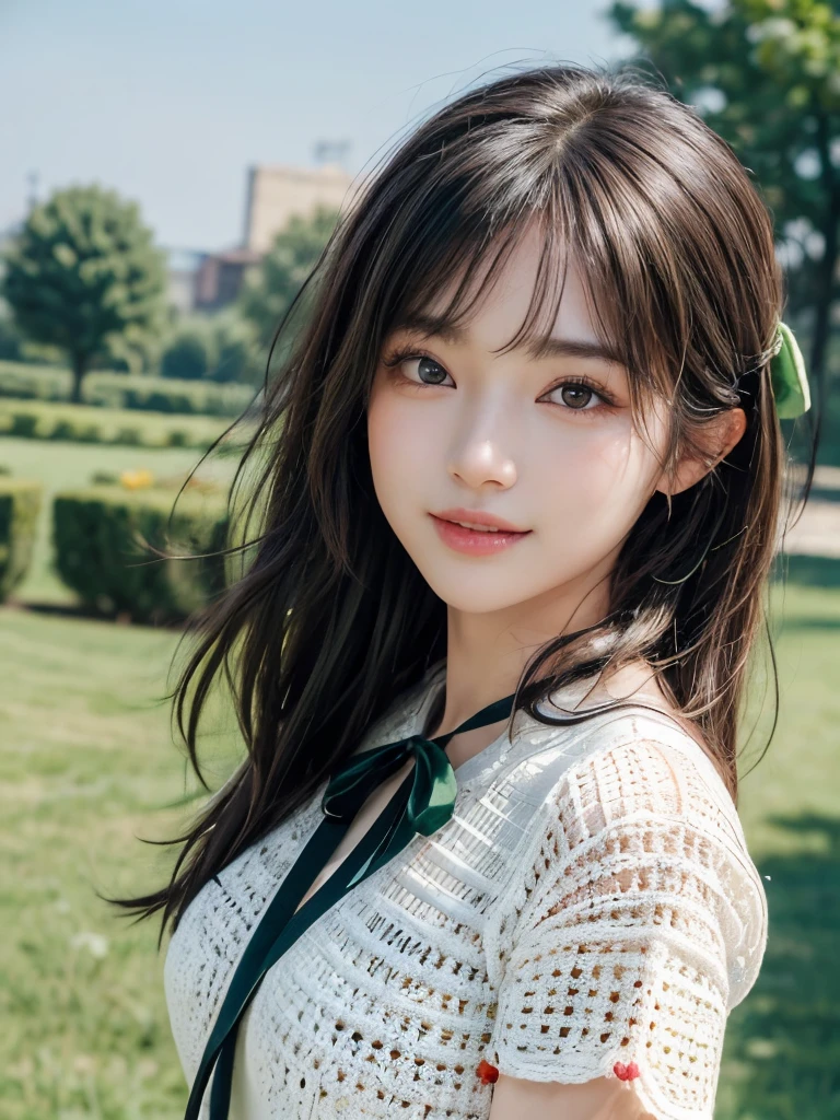 ((masterpiece: 1.3),8k, Realistic, RAW Photos, Highest quality: 1.4), (One Girl), beautiful顔, (Realistic Face), (Brown long hair: 1.3), bangs, Perfect dynamic composition,(High quality with attention to detail, Realistic depiction of eyes:1.3)、(((ribbon,Short sleeve,green,Crochet knit,dress、whole body:1.5)))、 (garden,flower:1.4),The whole is facing forward、21talent、beauty、Well-formed face、Make the eyes even、beautiful黒髪、Banditium Build、Balanced ratio、beautiful足、Fresh face、beautiful景色、beautifulヘアスタイル, (bangs), (smile), smile, Realistic eyes, Gloss, highlight, highlight in the Eyes, eyelash, 目の中のbeautifulディテール, (Realistic Skin), Shooting from the air、beautiful肌, Transparency、(beautiful)、 bust, smile, teeth, Confused, charm, 超High resolution, Ultra-realistic, High resolution, Golden Ratio, clear eyes, Wet, Looking into the camera, ear, Shine, Long neck, double eyelid, Thin eyebrows、Big eyes, cheek, kind character, charm personality, kind, 圧倒的なcharm, bright personality