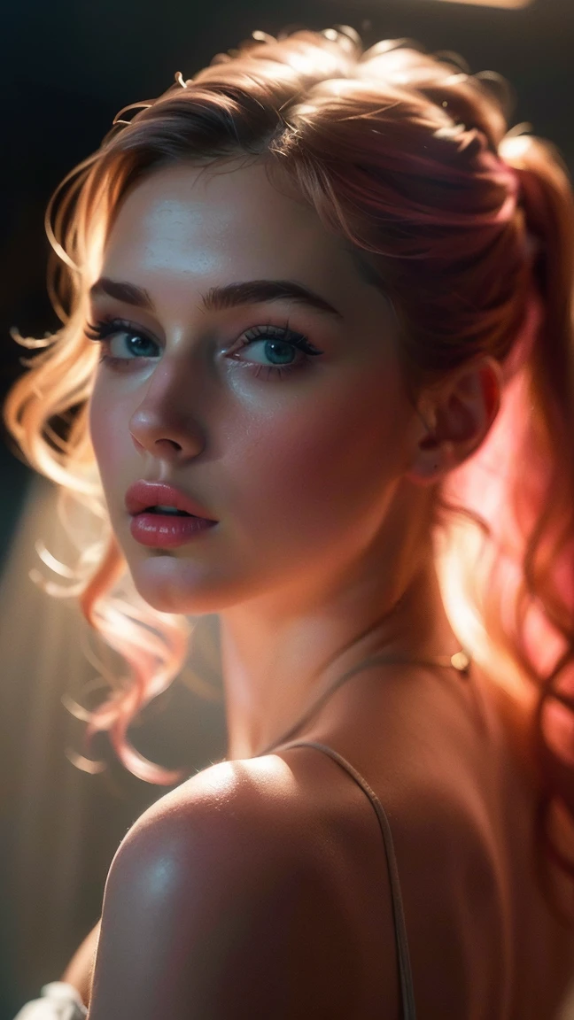(((ultra realist))) photoshot, masterpiece, top quality, (pale skin), (Ultra-detailed face and eyes:1.3), 1 girl, adult, In Lifchik, ((Eye make up, pink mascara)), ((size, Detailed Lips)), ((pink wavy hair)), ((Chyolka)) , (Natural breasts), Slender waist. ((posing)), photoshot-Shooting, studio (Contour lighting), (The play of light and shadow), depth of field, bokeh, (special attention to skin details: 1.2), Detailed leather structure, Hautporen. (Light atmosphere of the frame. Colour palette - delicate, bright, Gelbtöne), DR, ((film grain)), ((Rays)), (glare), ((photoshot from the back)) , ultra detailed,
