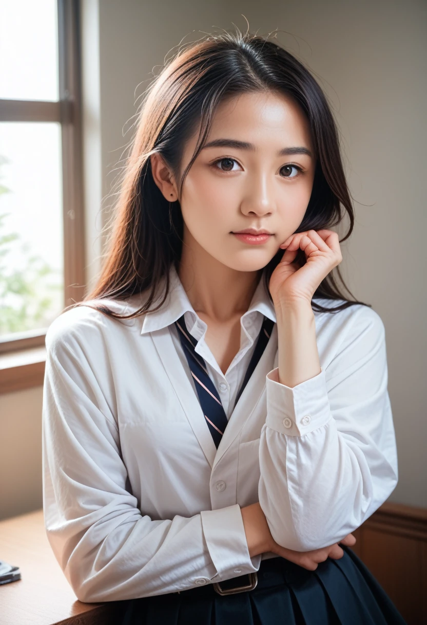 8k, raw photo, best quality, masterpiece, realistic, photo realistic, clear, professional lighting, beautiful face, best quality,ultra high res, realistic japanese beautiful, Super detailed, 1girl, indoor, beautifully lit