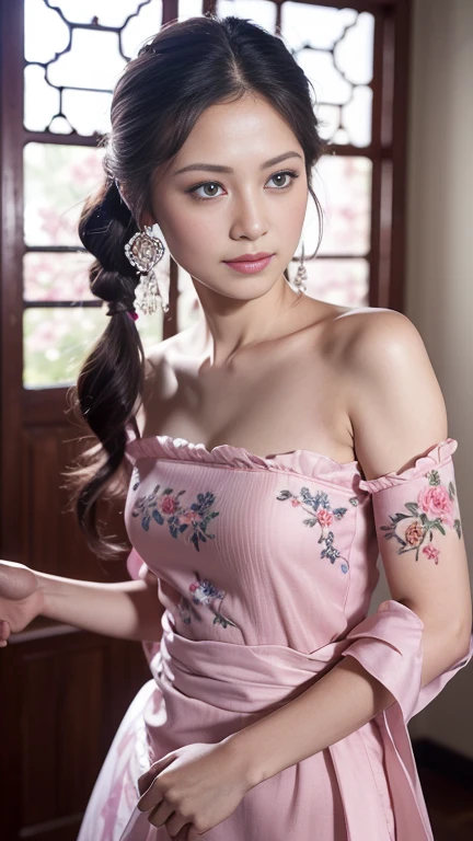 (Best quality,4K,8K,A high resolution,Masterpiece:1.2),Ultra-detailed,(Realistic,Photorealistic,photo-realistic:1.37),Delicate depiction of floral motifs on traditional Chinese gauze dresses, Dynamically capture Tai Chi elements, Flowing fabric, vivid vivid colors, Pastel tones, Soft and dreamy lighting, Focus on exquisite craftsmanship, Dynamic movements, Detailed rendering of intricate floral embroidery, Elegant and elegant gesture, Porcelain-like skin, small breasts, long pink twintails, soft blue eyes, Subtle and flawless makeup, Surreal wallpapers