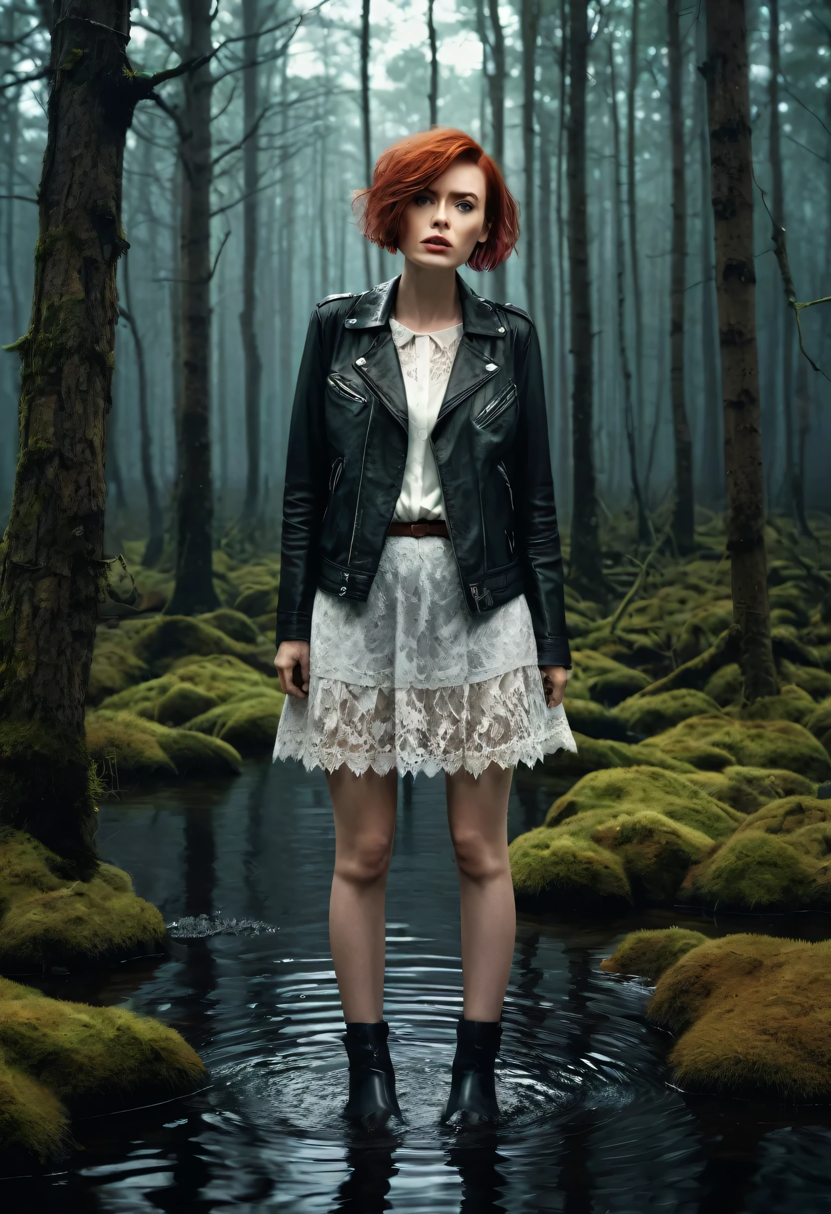 (magazine cover,  Attention-grabbing, heading, stylish, font, memorable, heading, big, Sensation), Hyper-realistic, ultradetailed, tmasterpiece. (Gloomy Forest:1.2), An old woman, standingn, (drowning in a bog:1.3). jeans skirt, (lace stockings:1.2), leather jacket, (Pronounced wrinkles:1.3), blouse, pixie cut, short coppery red hair, gloomy ecstasy, reveling in their shame