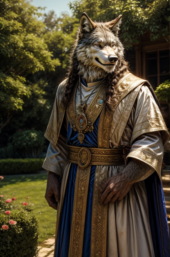 wolf, male, all body, realistic, priest, garden, elderly, smile,