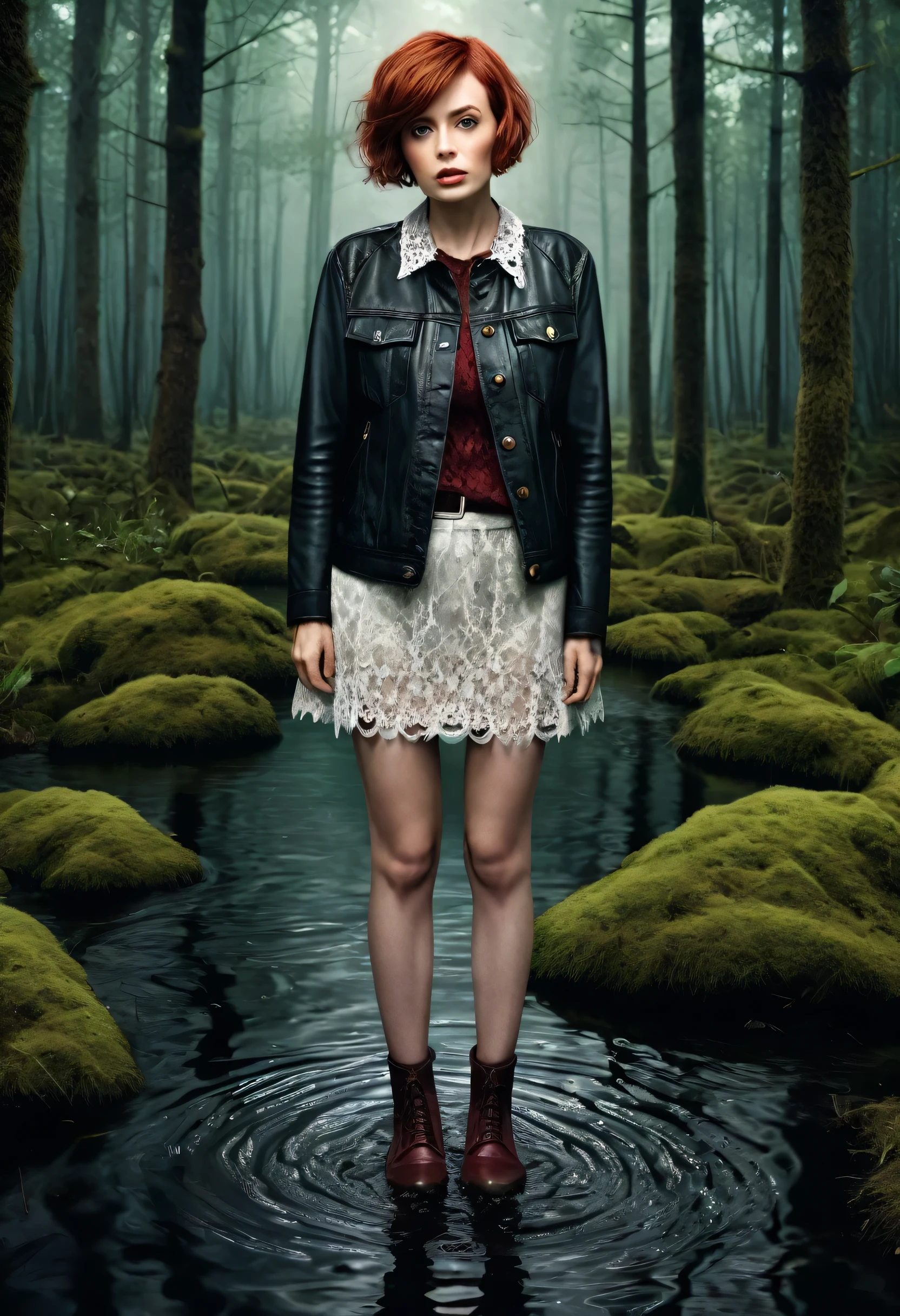 (magazine cover,  Attention-grabbing, heading, stylish, font, memorable, heading, big, Sensation), Hyper-realistic, ultradetailed, tmasterpiece. (Gloomy Forest:1.2), An old woman, standingn, (drowning in a bog:1.3). jeans skirt, (lace stockings:1.2), leather jacket, (Pronounced wrinkles:1.3), blouse, pixie cut, short coppery red hair, gloomy ecstasy, reveling in their shame