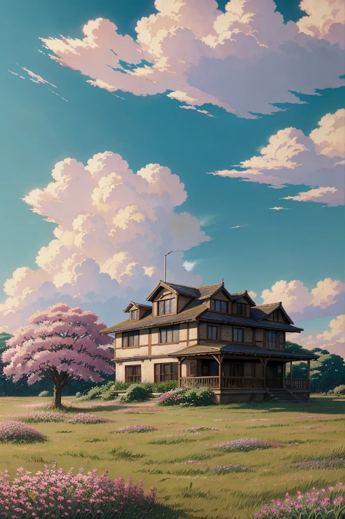 "painting of a house in a field with tree and flowers,Cyril rolado and goro fugita, anime art wallpaper 4 k, anime landscape wallpaper, makoto shinkai Cyril rolado, anime countryside landscape, anime art wallpaper 8 k, beutiful anime scene, beautiful puffy clouds. Anime, 4k highly detailed...