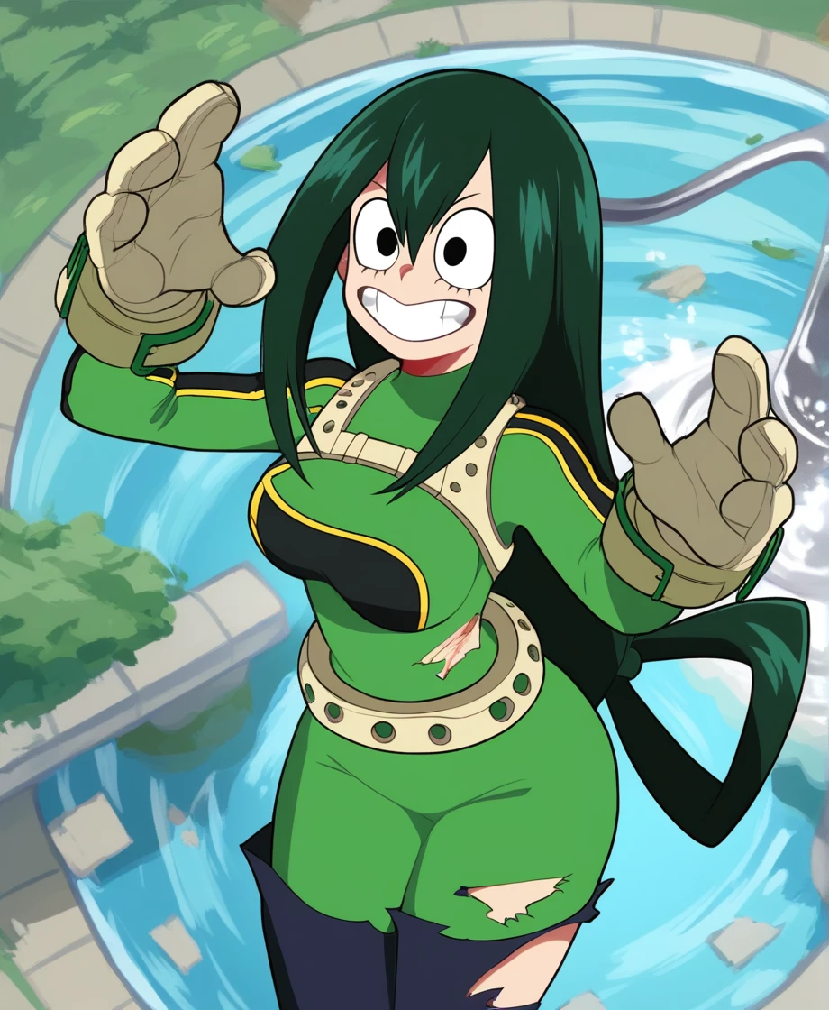 score_9_above, score_8_above, score_7_above, cowboy shot, 1 girl, asui tsuyu\(Boku no hero academia\), green fur, very long hair, Long hair tied low, tied hair, black eyes, Wide hips, medium breasts, smiling, (torn clothes), fountain_cheered up, cheered up style, (destroyer city), (angry)