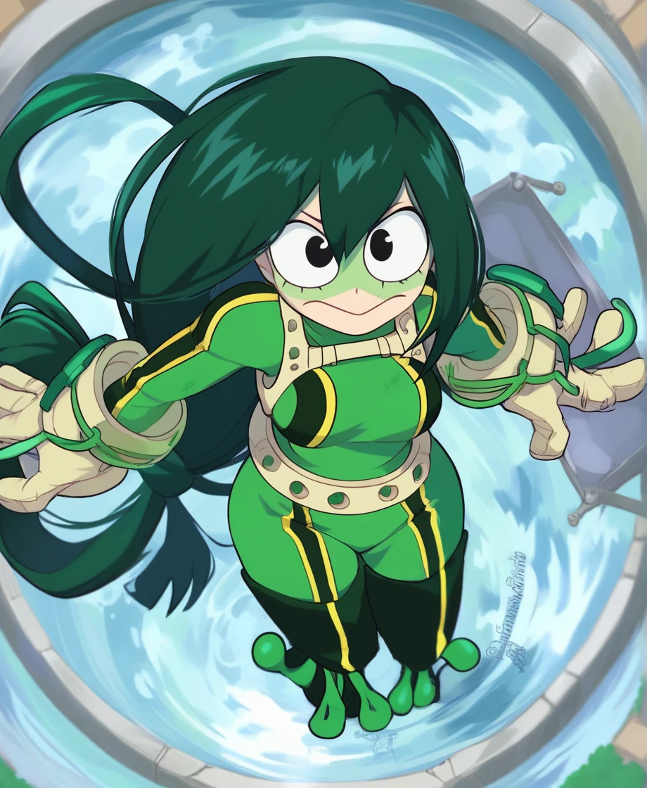 score_9_above, score_8_above, score_7_above, cowboy shot, 1 girl, asui tsuyu\(Boku no hero academia\), green fur, very long hair, Long hair tied low, tied hair, black eyes, Wide hips, medium breasts, smiling, (torn clothes), fountain_cheered up, cheered up style, (destroyer city), (angry)