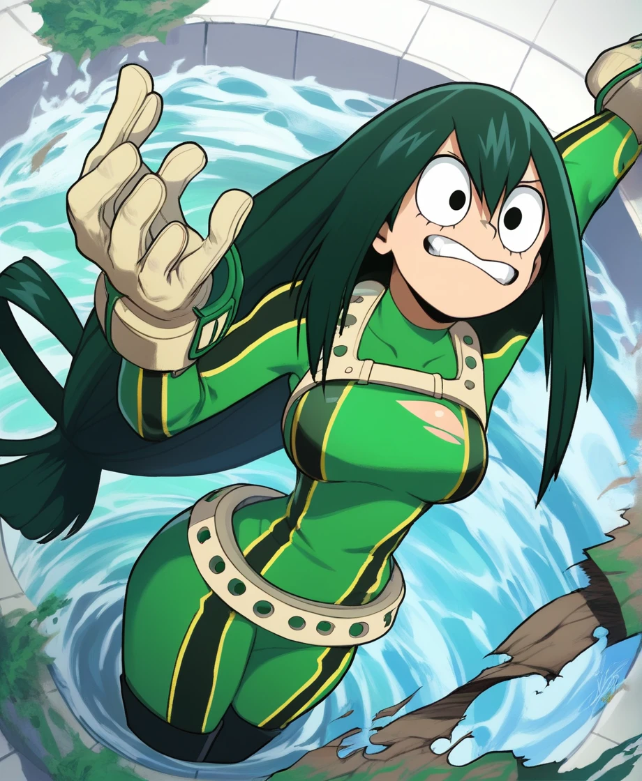 score_9_above, score_8_above, score_7_above, cowboy shot, 1 girl, asui tsuyu\(Boku no hero academia\), green fur, very long hair, Long hair tied low, tied hair, black eyes, Wide hips, medium breasts, smiling, (torn clothes), fountain_cheered up, cheered up style, (destroyer city), (angry)