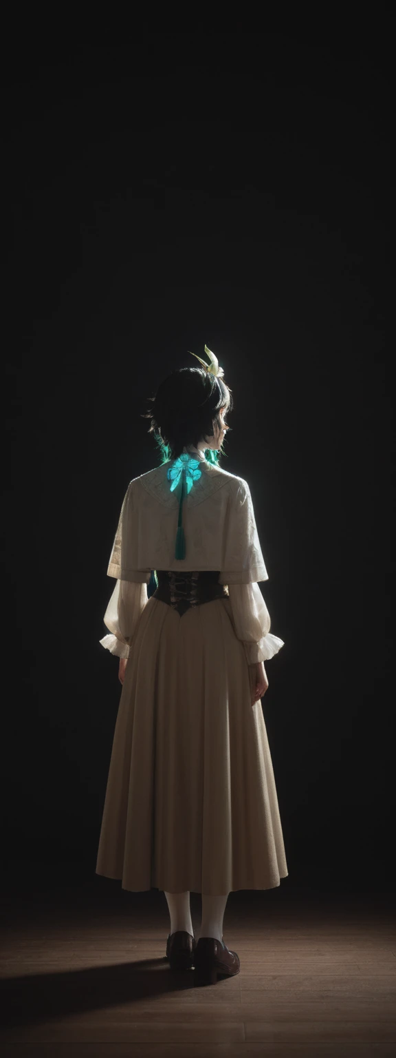 cinematic film, Realistic photograph,realistic, score_9, score_8_up, score_7_up, score_6_up,
1girl, solo, from front, full body, Venti \(genshin impact\), black background, makeup, sidelighting, backlighting, glowing,