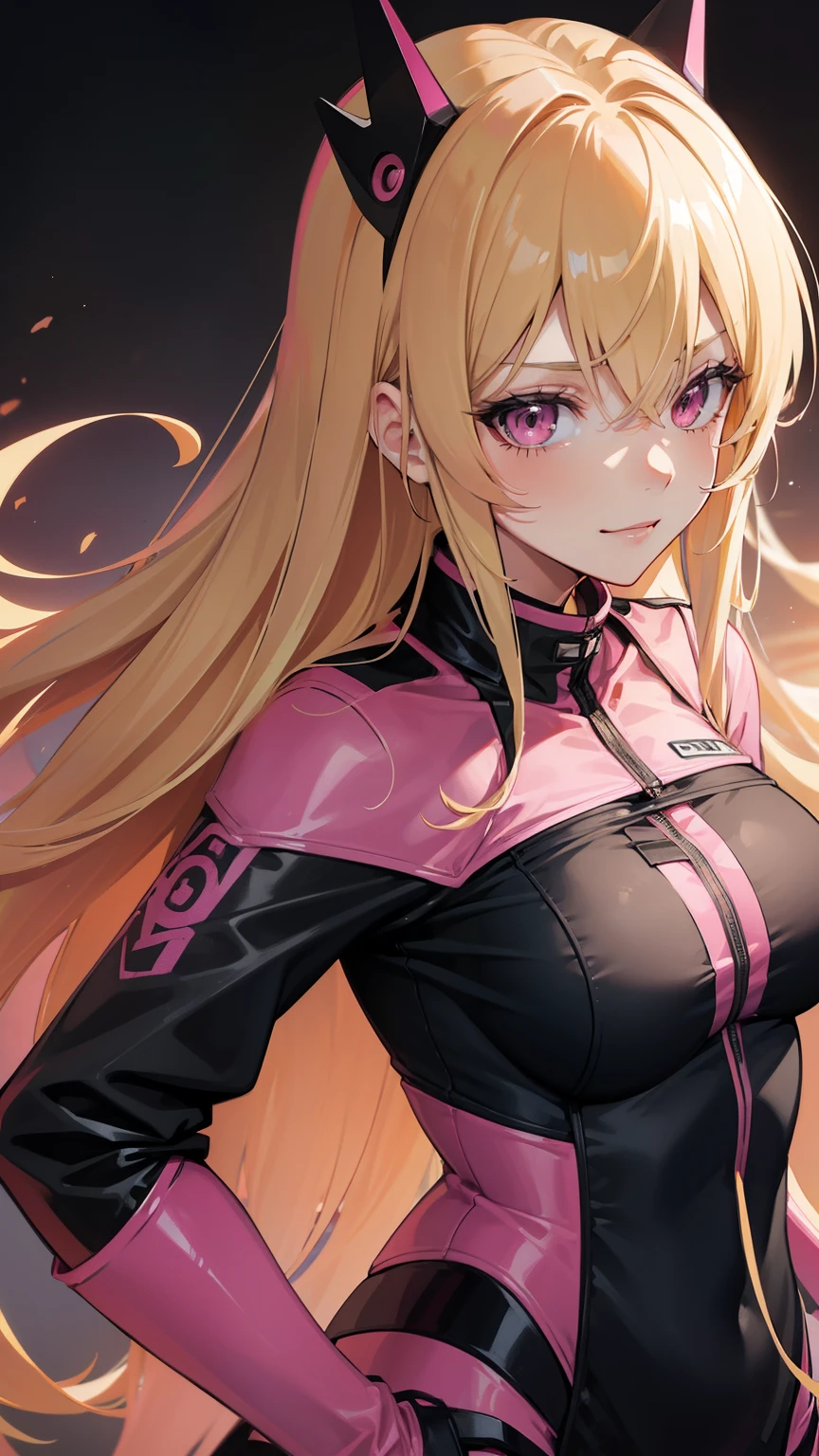 (((Adult woman))), pink eyes, (long blonde hair), black-pink plugsuit, smirk