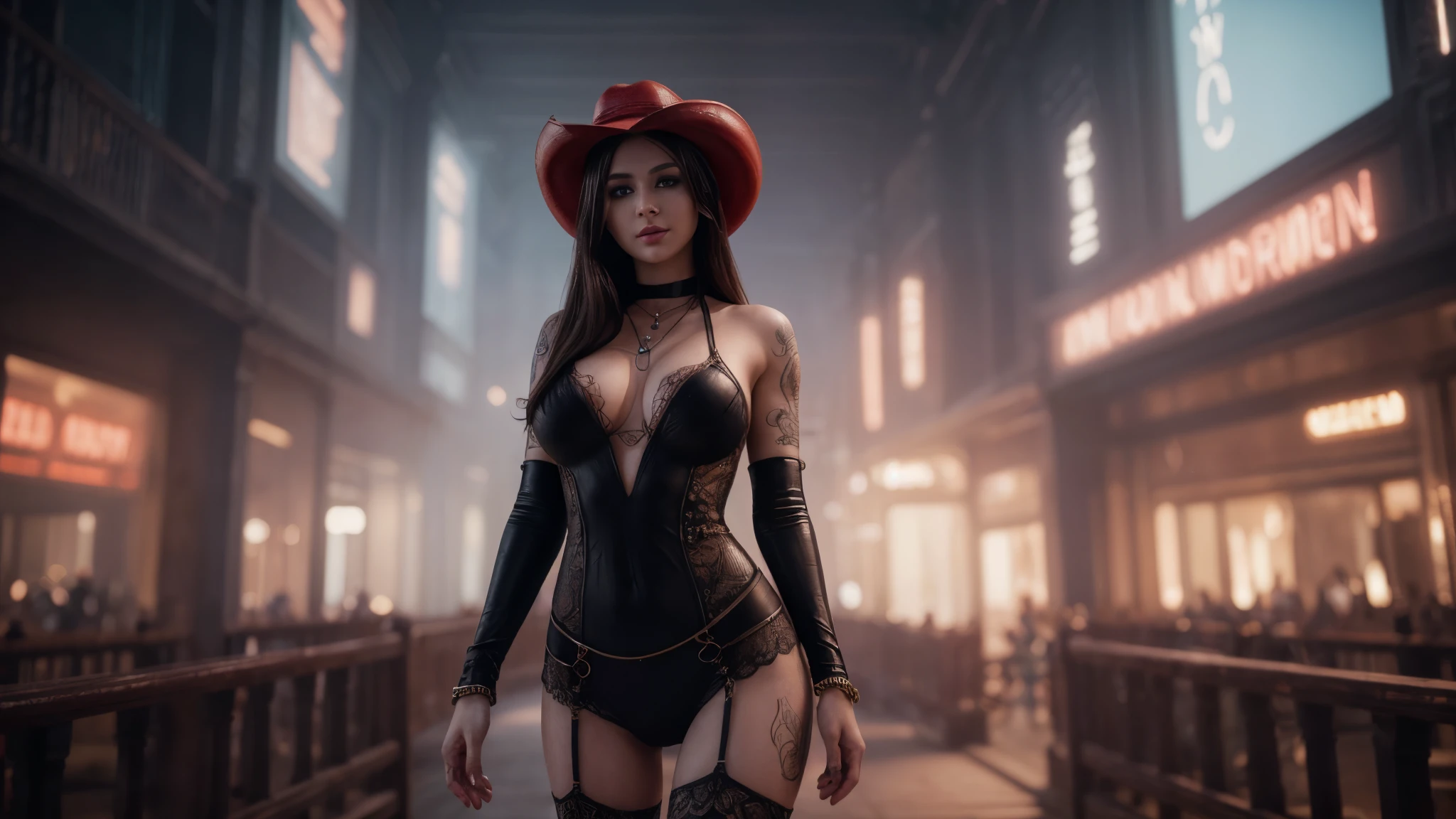 8k, masterpiece, RAW photo, best quality, photorealistic, extremely detailed CG unity 8k wallpaper, Depth of field, Cinematic Light, Lens Flare, Ray tracing, (extremely beautiful face, beautiful lips, beautiful eyes), intricate detail face, ((ultra detailed skin)), ((1girl:1.7)), ((alone:1.7)), ((seductive standing pose)), in the desert at night, deep shadow, [[Raiana-Elizabeth-Dilla]], pretty girl, (very slim slender fit-muscled body:1.3), ((beautiful legs:1.4)), ((looking at viewer)),(big smile:1), (sexy ((see-through)) ((ultra-short ((red:1.2)) Cowboy-style uniform))), ((classic scenery,nightlife,musiclife,western)), ((whiskey glass and bottles,blues music,cowboy hat)), (blurred background:1.4), ((without people in the background:1.5)), beautiful earrings, bracelets, necklace, red pendant, clear eyes, ((tattoos)), (pale skin), (face forward), ((whole-body-view)), ((full-body:1.8, cinematic shot)), soft lighting, (long black hairs), (looking at viewer:1.8), cleavage breasts, large breasts, touching the breast, highly detailed, ultra realistic, extremely detailed and realistic ((red:1.2)) clothes.