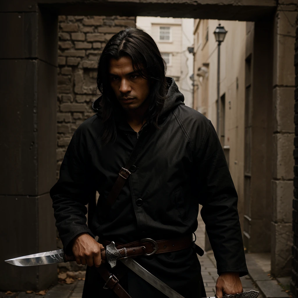Black coat Assasin. His right hand holding a sword. Ready to fight