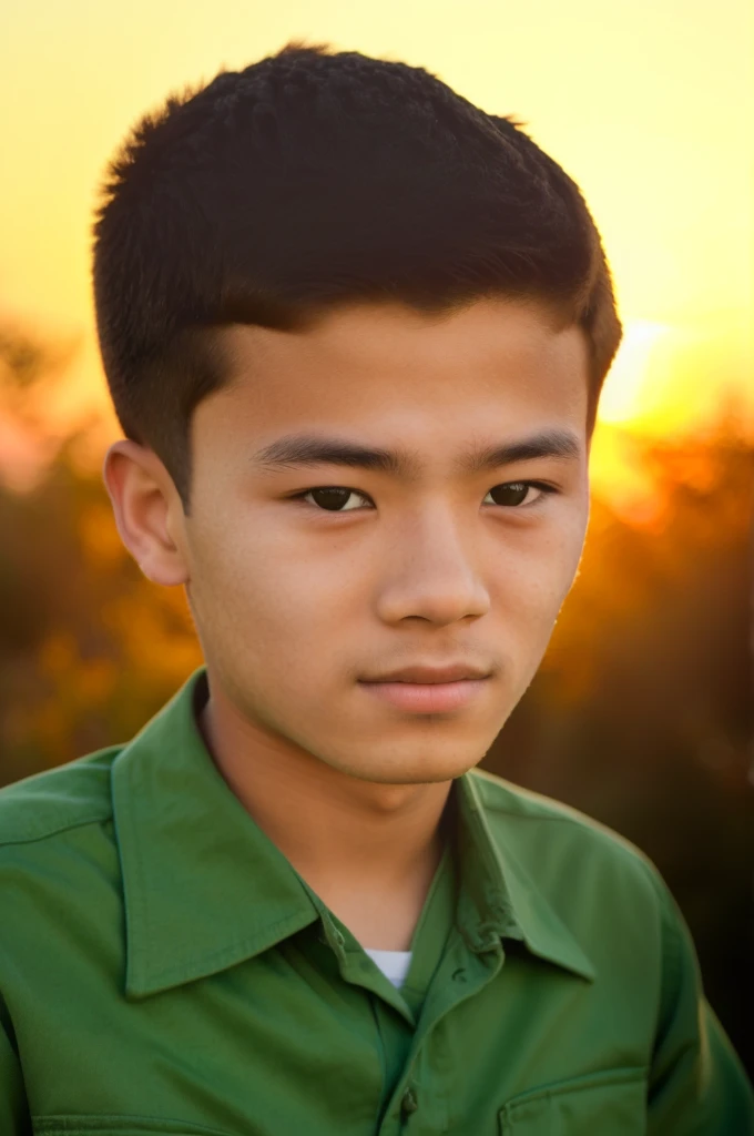 arafed young boy in green shirt looking at camera with sunset in background, portrait a 1 5 -  - old , detailed face of a asian boy, realistic portrait photo, digital art but photo, photoshoped, portrait of 1 5 - year - boy, 14 berber b, color portrait, headshot profile picture