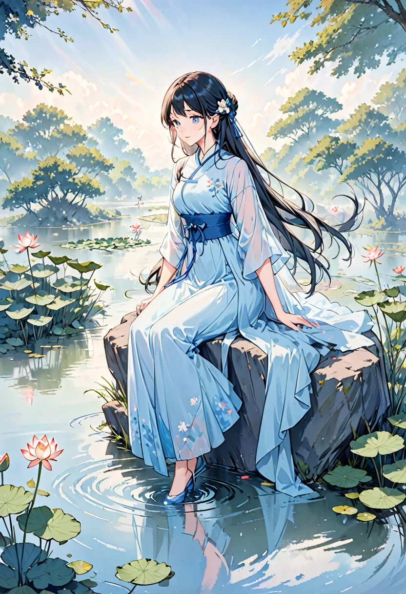 There is a blue skirt, 16 Long Legs, A woman sitting on a rock in the water, Standing gracefully on the lotus, Ethereal Beauty, Wearing blue cheongsam, court, Girl wearing Hanfu, Wearing blue cheongsam, Full of fairy atmosphere, In the pond, White Hanfu, A stunning young ethereal figure, floating dress, Light Blue, hair behind ears