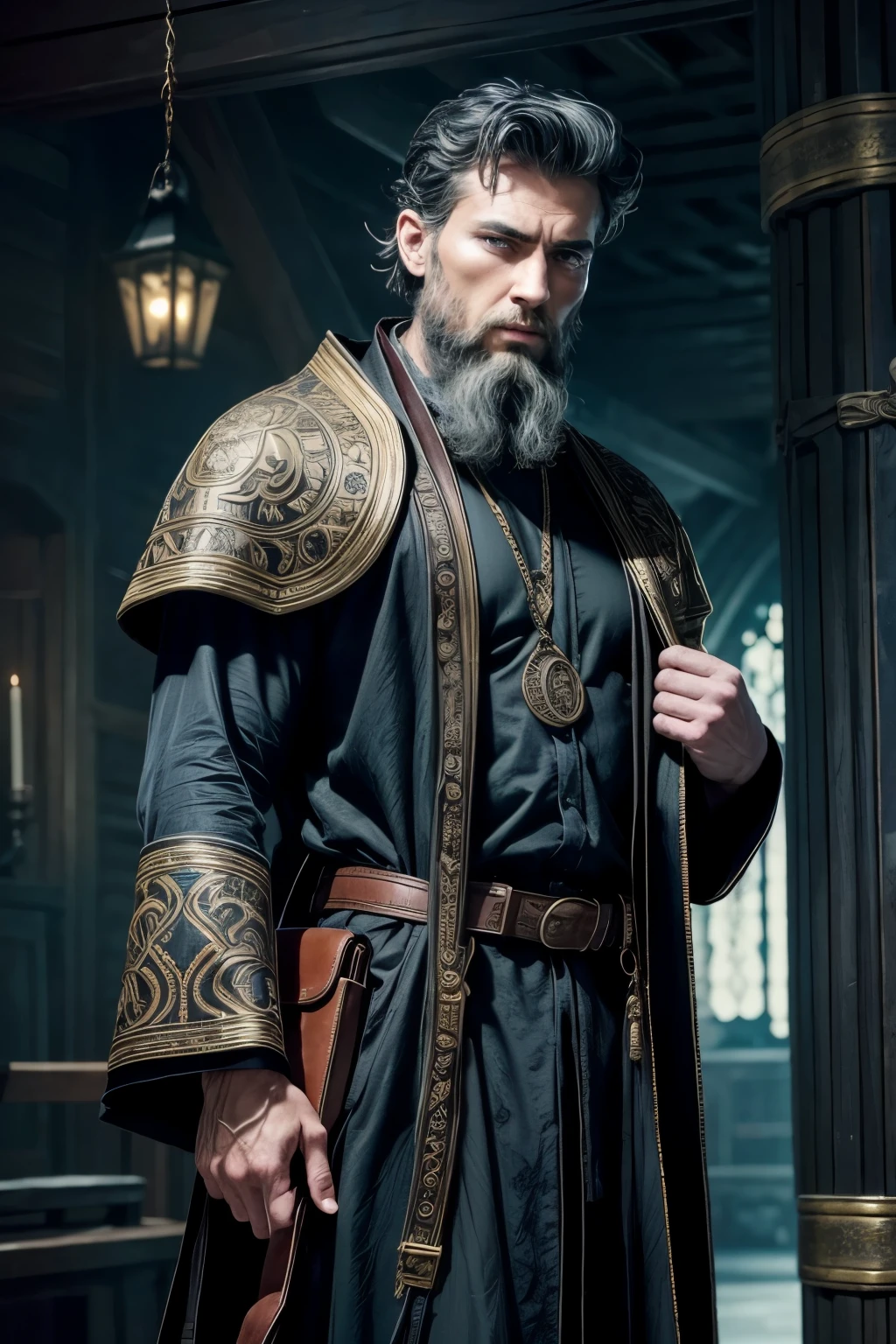 RAW, Best quality, high resolution, masterpiece: 1.3), A dark and rugged human sorcerer named Sable Blackwood (iu:0.8), Best quality, high resolution, Masterpiece: 1.3, A ruggedly handsome sorcerer, Sable Blackwood, Masterpiece, Deeply tanned skin, Athletic build, Hazel/brown eyes, Realistic, 1 sorcerer, Strong jawline, Mysterious aura, Thick beard, Worn leather robe, Detailed robe with intricate embroidery, Ancient tomes, Crystals, Amulets, Hanging from his belt, Leather satchel