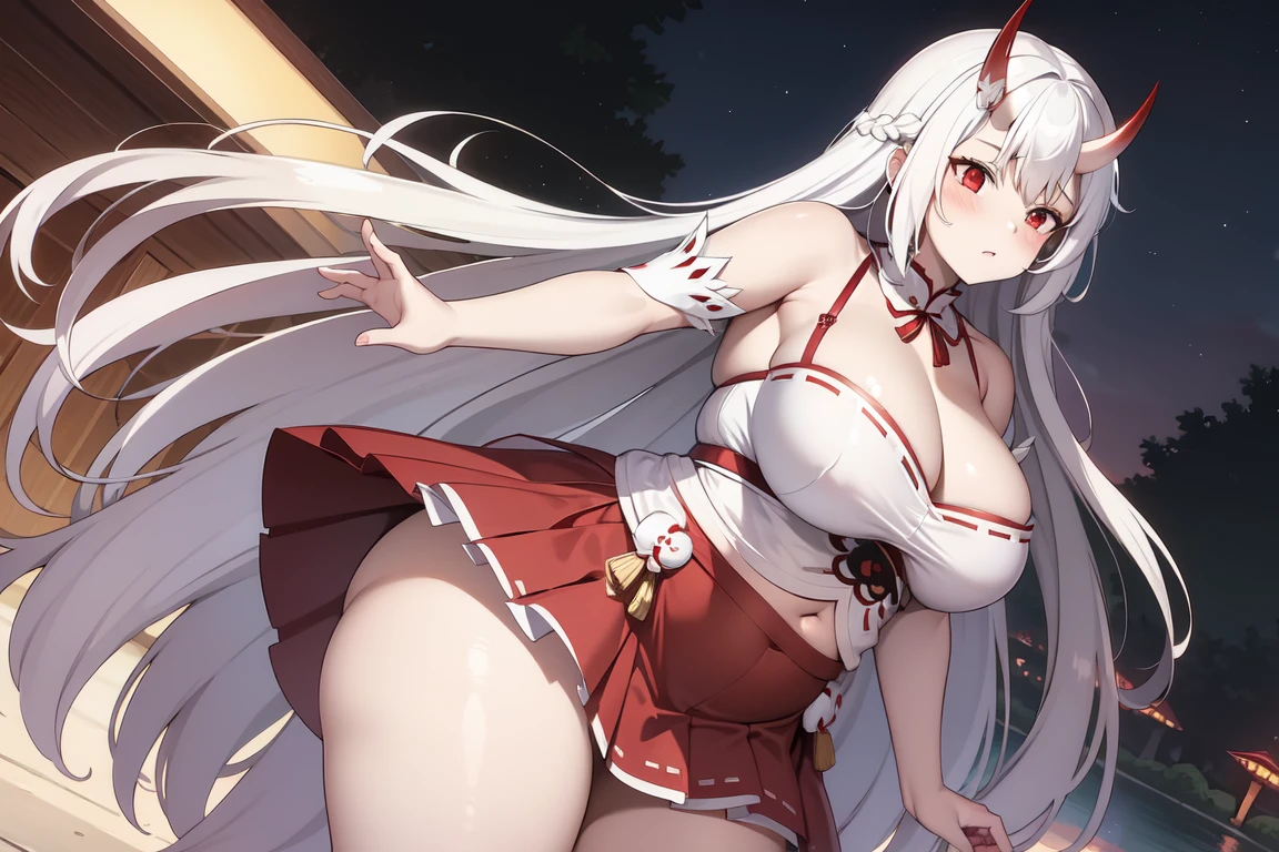 1girl, white hairs, red eyes, skimpy white-red kimono, long hair, massive breasts, mature, lake, night, cleavage, Oni, armored skirt, oni horns