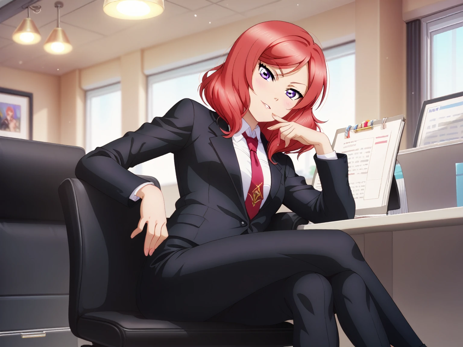 masterpiece, best quality, cowboy shot, nishikino maki,red hair, purple eyes, black formal suit, pants, sitting , crossed legs ,neck tie, Sexual seduction, sexualised ,in office 