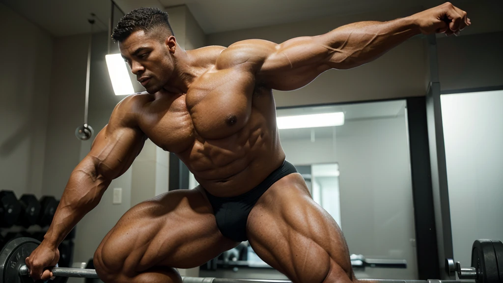 Create a high-quality image of a giant bodybuilder highlighting the hamstrings. The image must show a male bodybuilder, extremamente musculoso, in a pose that highlights the hamstrings, such as a back pose or performing an exercise that involves the hamstrings. The thigh muscles must be extremely defined and prominent, with a facial expression of strength and concentration. The background should be a modern gym or neutral setting, slightly blurred to highlight the main subject. Add graphic elements such as arrows pointing to the hamstring muscles and use lighting effects that highlight the muscle contours. Use a vibrant, contrasting color palette to highlight the bodybuilder, using lights and shadows to emphasize muscle definition. The style should be realistic and impressive, with a powerful and motivating vibe.