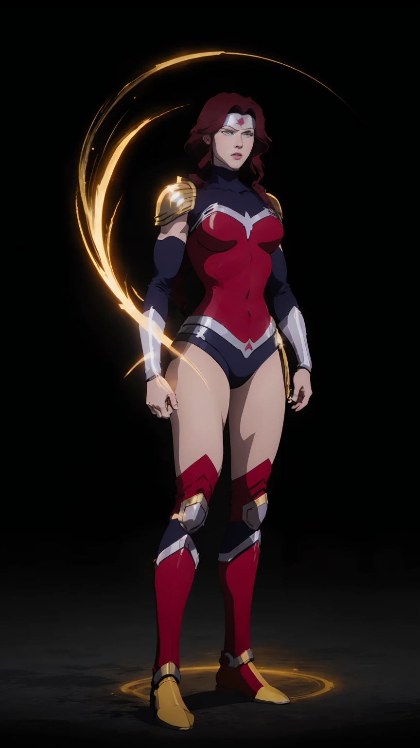 ((full body photo, standing, feet on the ground)) Wonder Woman A red-haired warrior with yellow eyes wearing black and gold Supergirl armor, bright lighting, light background, sunlight
