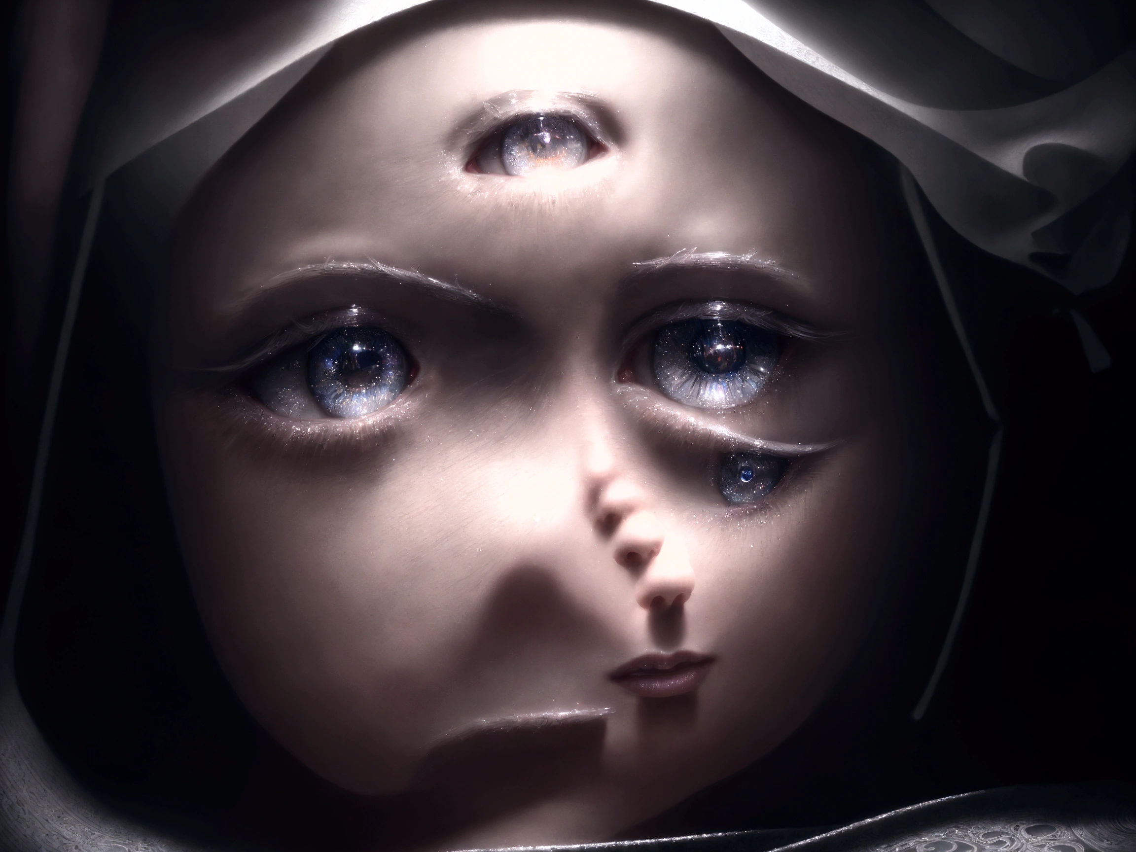 girl with a worried look, looking at the heavenly reflection, beautiful detailed eyes, beautiful detailed lips, extremely detailed face and facial features, long eyelashes, middle: oil painting, intricate celestial pattern, dramatic lighting, moody atmosphere, (Best quality,4K,8 K,a high resolution,masterpiece:1.2),ultra detailed,(realistic,photorealistic,photo-realistic:1.37),cinematic composition, dramatic lighting светотеней, bright colors, glowing celestial elements