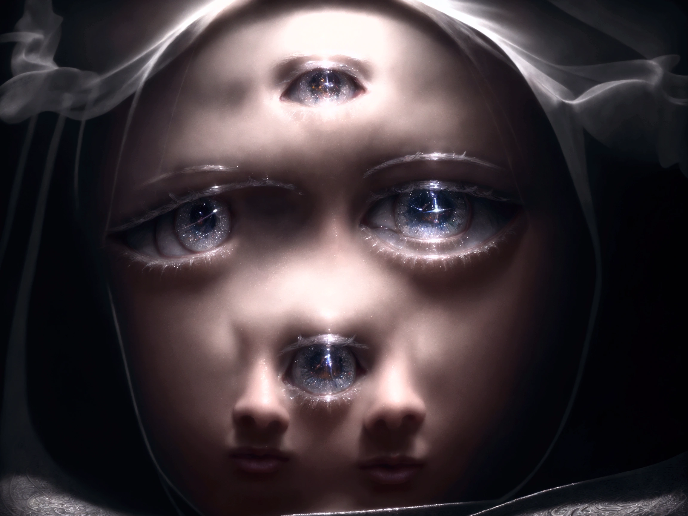 girl with a worried look, looking at the heavenly reflection, beautiful detailed eyes, beautiful detailed lips, extremely detailed face and facial features, long eyelashes, middle: oil painting, intricate celestial pattern, dramatic lighting, moody atmosphere, (Best quality,4K,8 K,a high resolution,masterpiece:1.2),ultra detailed,(realistic,photorealistic,photo-realistic:1.37),cinematic composition, dramatic lighting светотеней, bright colors, glowing celestial elements