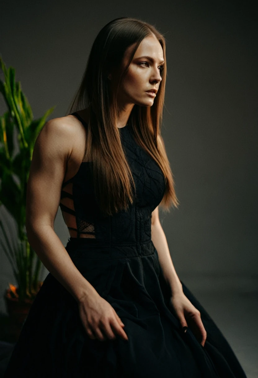 professional photograph of a 25 year old model, by Peter Hegre, photography studio,__perspective__, beautiful evil slavic muscular woman, pale skin, long hair, dressed in elegant long black dress, dynamic model pose, bold lines, hyper detailed,warm natural lighting, cinematic, film grain, sitting, tropical plants on background, (intricate details, masterpiece, best quality:1.4),hyper detailed, bright extensive palette, mesmerizing, dynamic, dramatic, sensual, dynamic pose, highly detailed skin with hair, subcutaneous veins,skin fluff,fine wrinkles,high contrast,best Ray tracing, light and shadow play, highly detailed,24mm photograph, film, bokeh, professional, 4k,