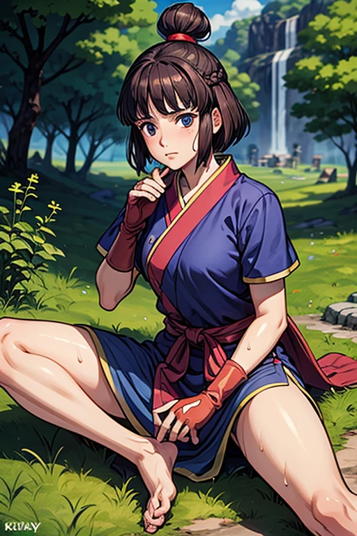 masterpiece, Highest quality,  Unreal Engine,  Super Resolution,  Very detailed, 

One Girl, So, Kaya from Princess Mononoke, Topknot, Bobcut, iris, ((Blue Japanese clothing,short_sleeve)), Fingerless long gloves, feet_warm,barefeet, Physical Beauty, (Muscular:0.8), bold, Observe the audience, 

In a sexy pose, 

The World of Princess Mononoke, The village where Ashitaka lived, Key Visual, 

((Sticky with sweat)),